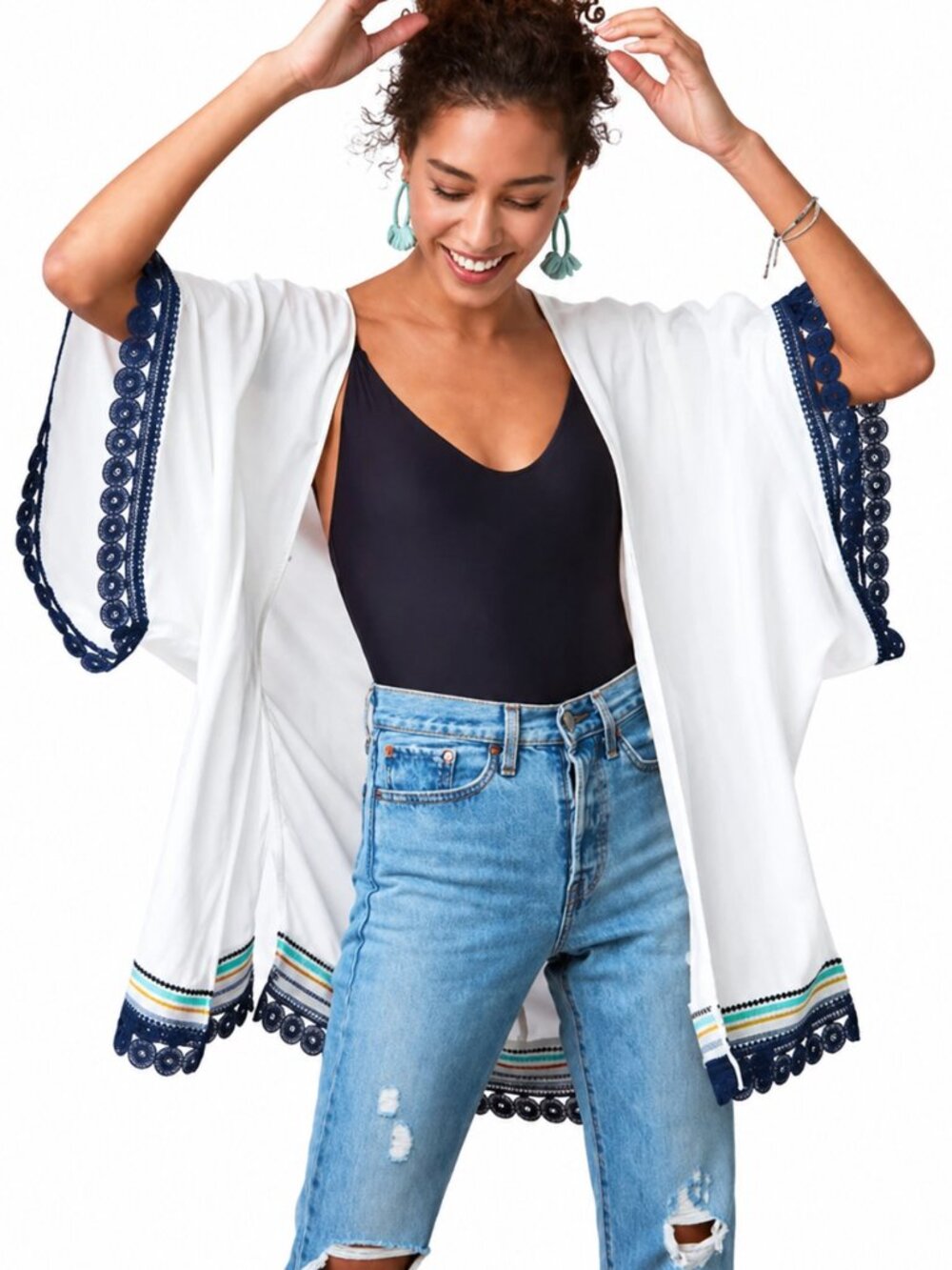 STELLA & DOT Crochet Edge Embroidered Kimono Cover-Up Beach Swim Women's Large